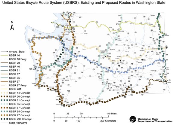 Map of existing and proposed US Bike Routes in Washington.