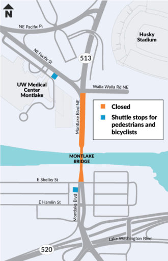 Map of Montlake Bridge closure. Shuttle stop locations noted in story body.