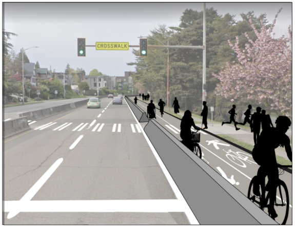 A rendering showing black silhouette figures using a two way bike lane with people also running in it next to a highway