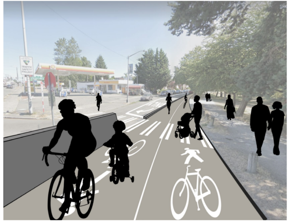 A rendering of a two way bike lane with walking symbols on it and dark figures