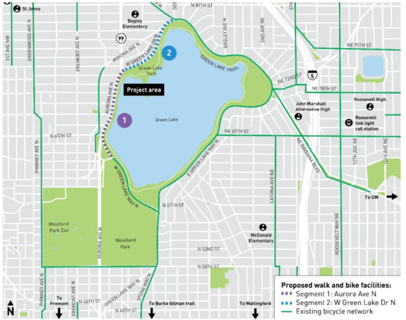 A map of Seattle with the west edge of green lake park highlighted