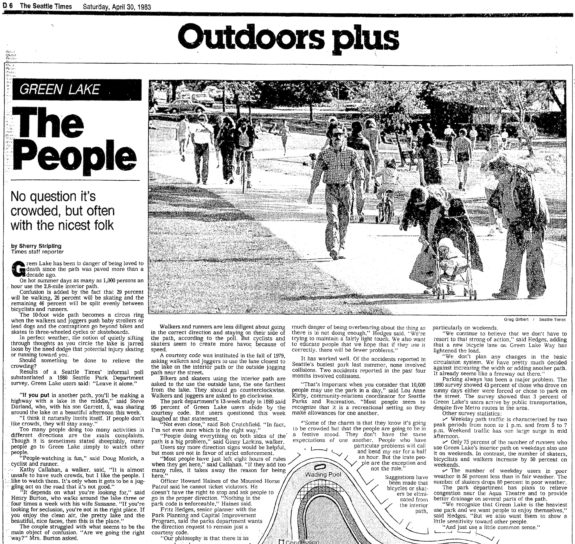 Newspaper clipping with photo of people walking and biking on the green lake path. Headline: Green Lake: No question it's crowded, but often with the nicest folk.