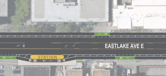 Excerpt from the design concept maps showing new floating bus stop and protected bike lanes.