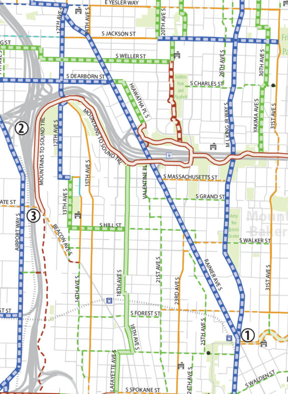 Map from the Bicycle Master Plan showing Rainier Ave S with a thick blue line.