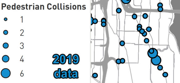 Map with dots lining Rainier Ave. Each dot represents a collision involving a person walking.