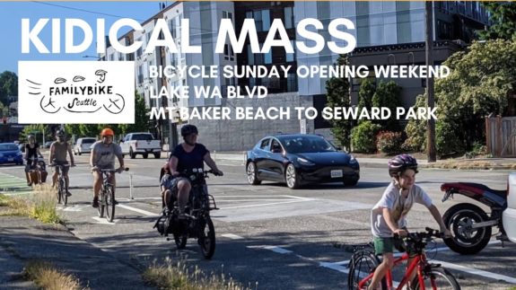 Event poster with a photo of kids and adults biking together.