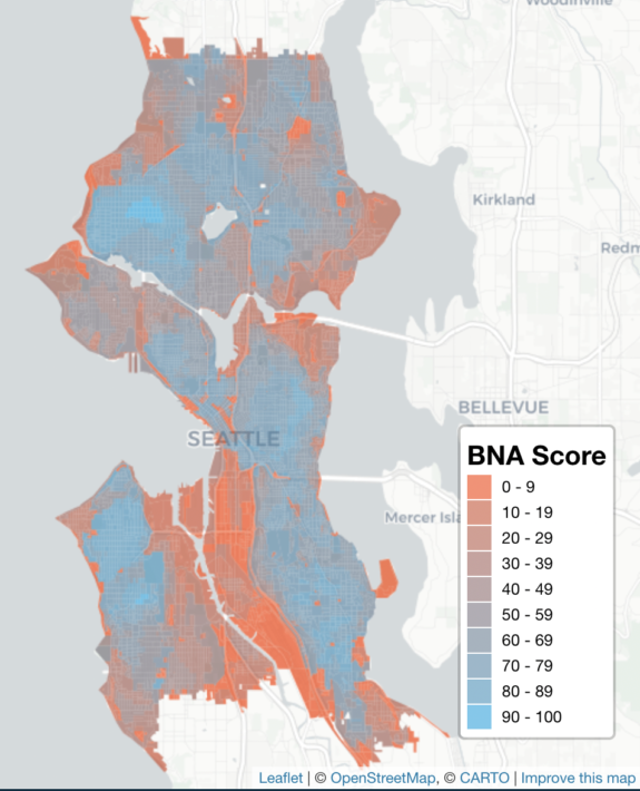 Bike Network BNA Score map of Seattle.