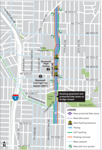 Project map showing the purple bike lane line touching Lake City Way.