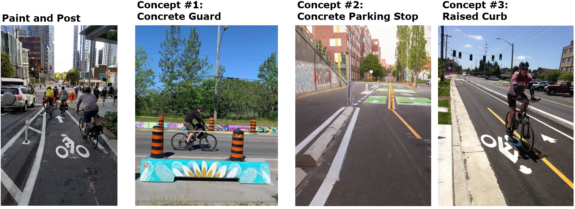 Comparison photos of different bike lane barrier types.
