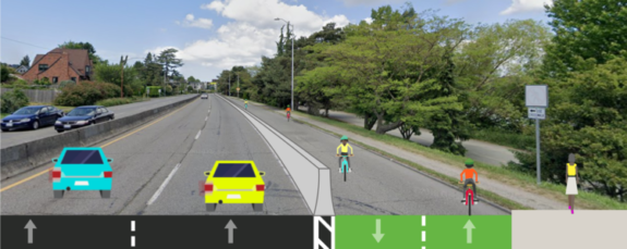 Concept image of the Aurora bike path with crude drawings of people biking within a barrier-protected lane.