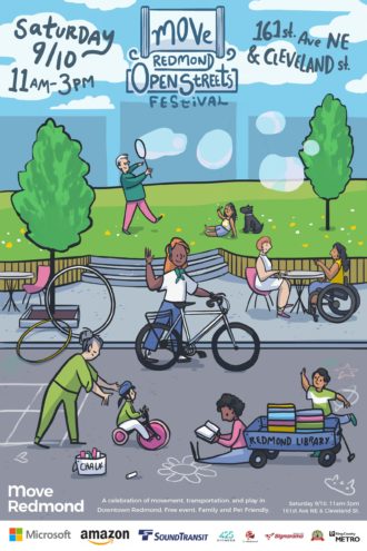 Let's Move Redmond event poster with drawings of poeple biking, playing with sidewalk chalk and reading.
