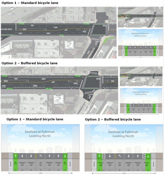 Diagrams comparing the painted bike lane option 1 to the buffered bike lane option 2.