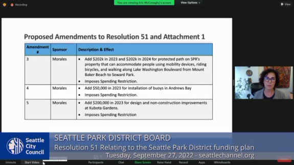 Screenshot from the Park District Board meeting showing the amendment text and an image of Tammy Morales speaking.