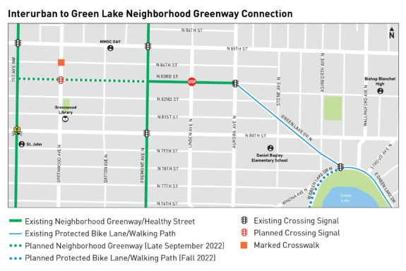 map of the interurban to green lake neighborhood greenway on North 83rd Street.