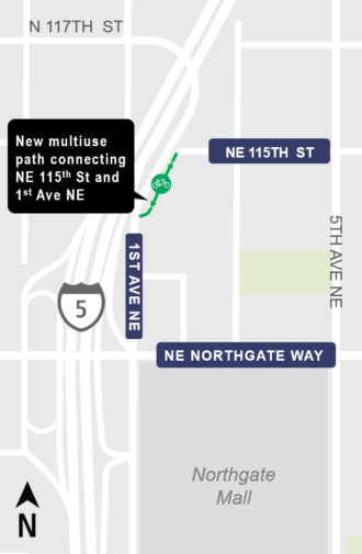 Map of the new trail between NE 115th Street and 1st Avenue NE.