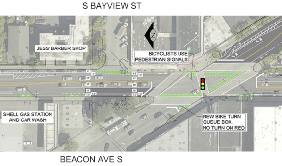 Alternative 1 design with one-way bike lanes and the instruction that bicyclists use pedestrian signals. 
