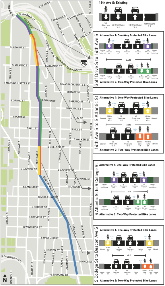 Map with diagrams of alternative designs for 15th Ave S. Alternative 1 has two one-way bike lanes and Alternative 2 has one two-way bike lane.