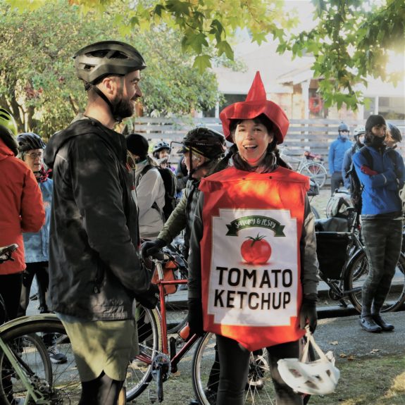 A rider dressed as ketchup 