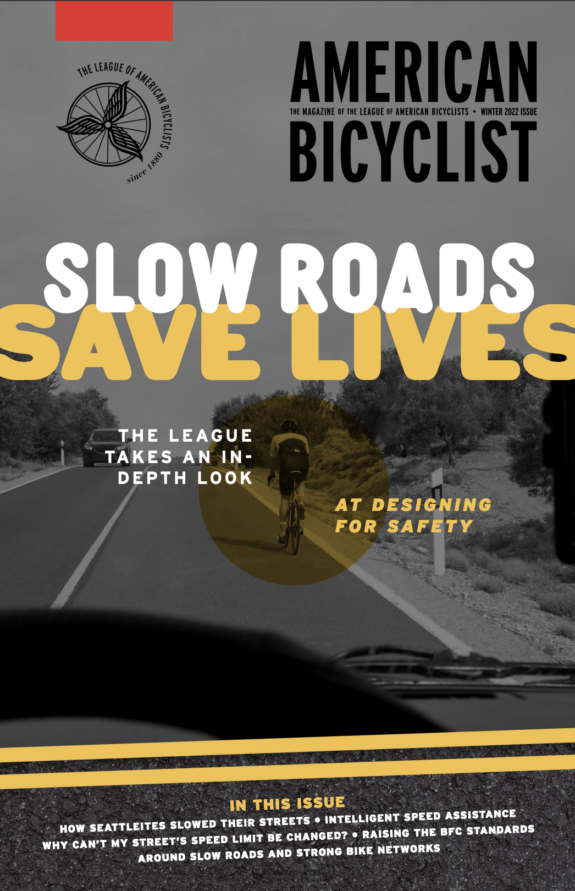 Cover image of American Bicyclist Magazine featuring the headline Slow Roads Save Lives and photo from inside a car of someone biking.