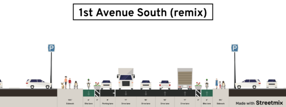 A remix of the same design graphic with protected bike lanes on each side of the street.