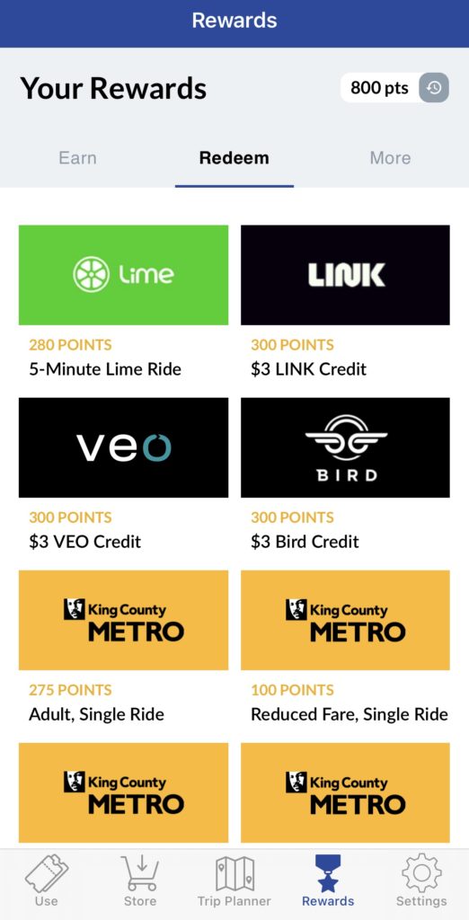 Screenshot of the Transit GO app with bike share and metro tickets as rewards.