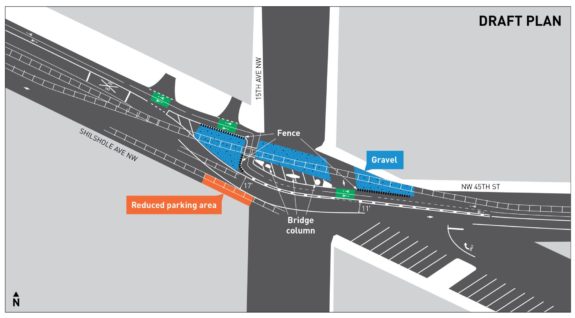 Ilustrated map of the phase two design, with the same gravel areas but with the bike lanes and general traffic lane shifted south.
