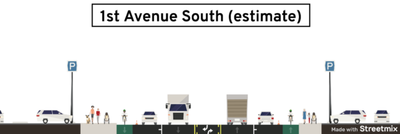 Design diagram for 1st Ave S with temporary bike lanes as described in the SDOT post.