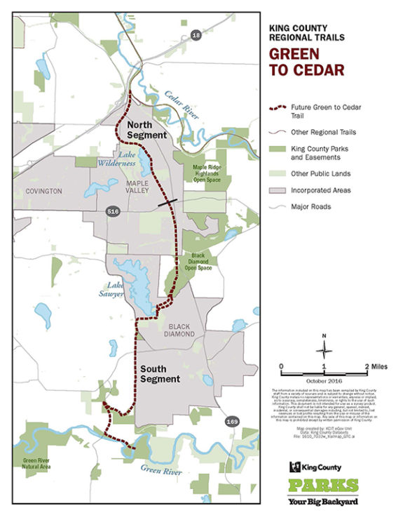 Map of the full trail from Green River to the Cedar River through Black Diamond and Maple Valley.