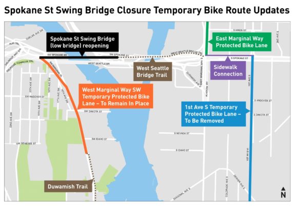 Map showing the Duwamish Trail connection staying in place, the 1st ave bike lanes being removed and the spokane street bridge reopening.
