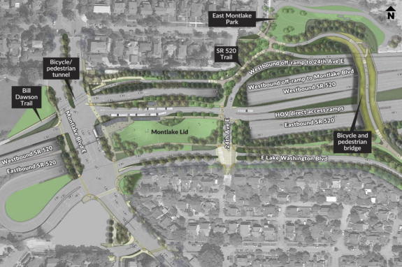 Overview map of the final design plan for the Montlake area, featuring a trail via a landbridge over 520 and a trail tunnel under Montlake Blvd.