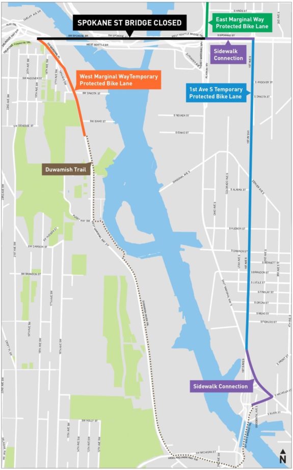 Map of the detour with a sidewalk connection on W Marginal Way to 1st Avenue S, then a temporary bike lane on 1st to Spokane Street, then a sidewalk connection on Spokane Street.