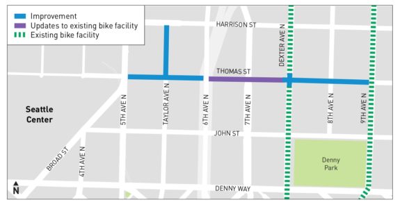 Project map showing improvements on Thomas Street between 9th and 5th Avenues North.