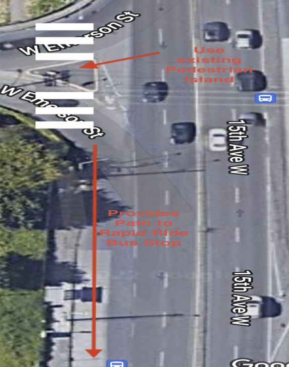aerial photo with crosswalk location marked crossing W Emerson Street and using the existing concrete island.