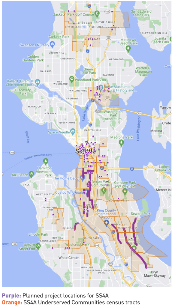 Project locations map showing spot locations mostly downtown but also spread out in the u district and far north Seattle. Also shows lines designating street remakes mostly in SoDo and Rainier Valley.