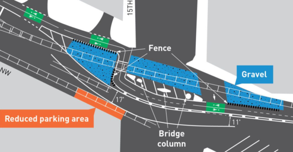 The phase 2 concept plan from SDOT shows a two-way bikeway making a wider turn around the south side of the bridge support pillars.