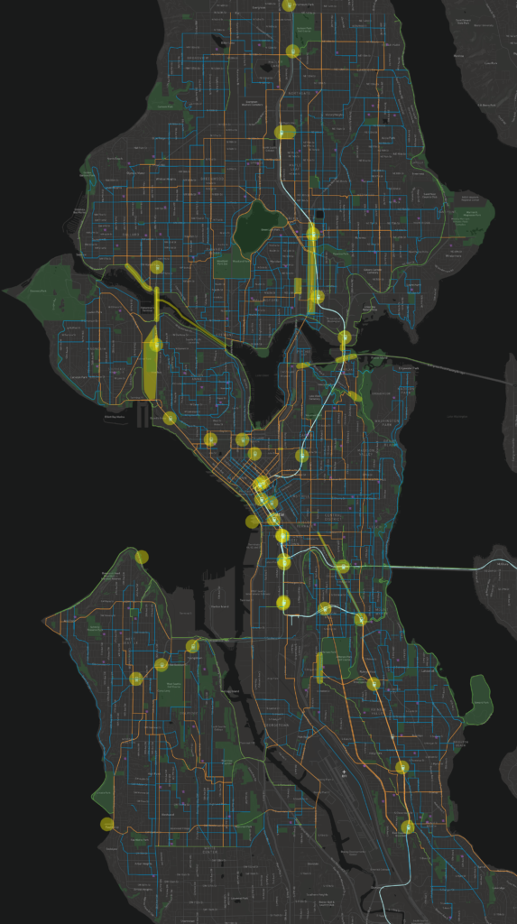 The bicycle and e-mobility map from the Seattle Transportation Plan.