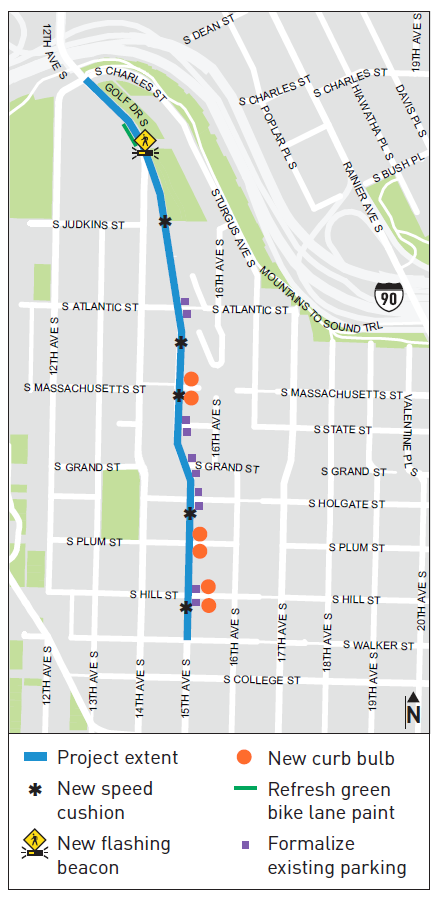 Map of the spring improvements on 15th Ave S, showing locations of speed cushions, curb bulbs and a new flashing beacon at 14th Ave S.