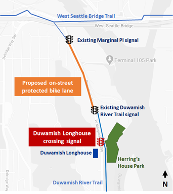 Map of the bike lane between the Spokane Street Bridge and the Duwamish Longhouse.