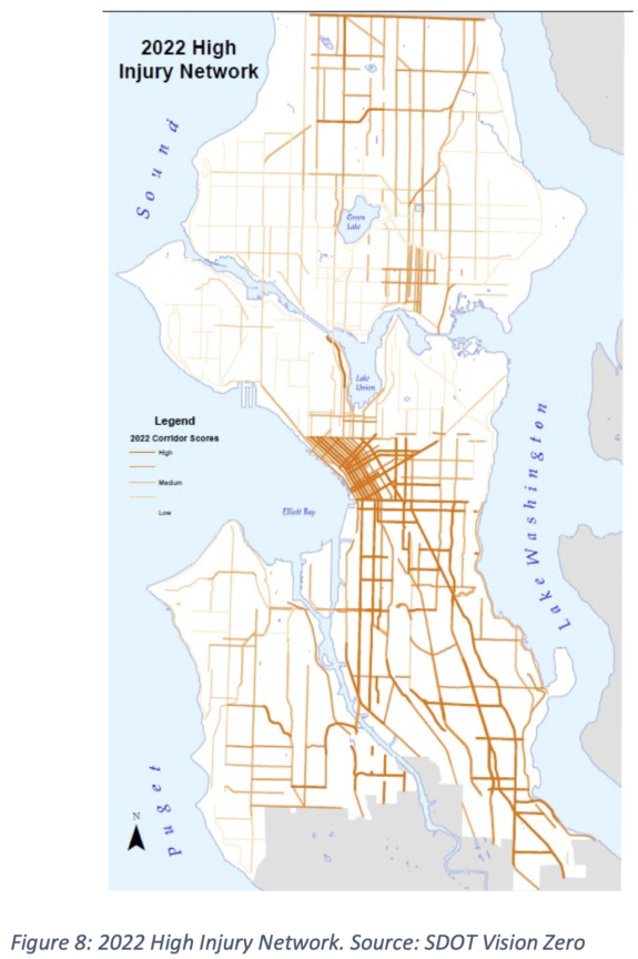Map of Seattle with streets marked with varying line thickness to show high or low injury scores. The thickest lines are in the far north, U District, downtown, Sodo, Duwamish Valley, Beacon Hill, and Rainier Valley.