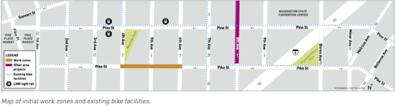 Map of the initial construction zone on Pike between 4th and 6th Avenues.