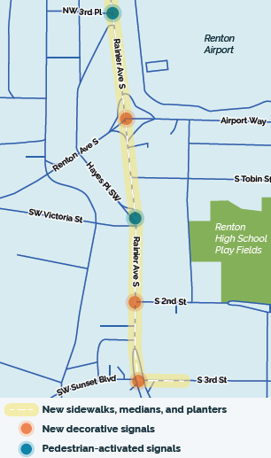 Project map marking Rainier Ave from south 3rd street to northwest 3rd place.