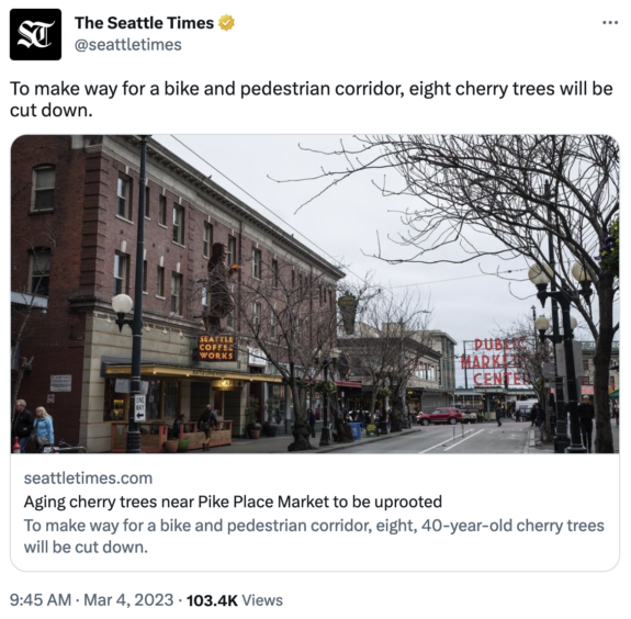 Screenshot of a tweet by the Seattle Times that says "To make room for a cycle and walking corridor, eight cherry trees will be cut down."
