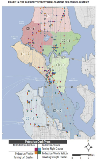 Map showing the top 20 prioritized pedestrian locations per municipal district.  Each data point is color-coded to show the type of crash, such as vehicles turning right, turning left, or going straight.
