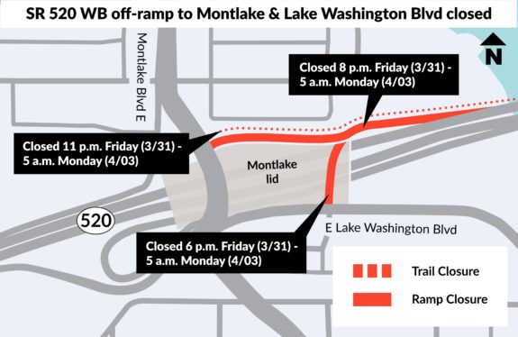 Map of the closures in the Montlake area, including the trail. 