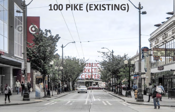 Existing Pike Street image looking from 2nd Ave towards 1st.  There are two lanes, one for general traffic and one used for a two-way cycle lane.  There is no parking.