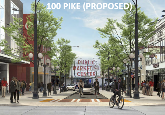 Proposed design for the block with a wide curbless space and no bike lane. Cars have more space, including new parking spaces.