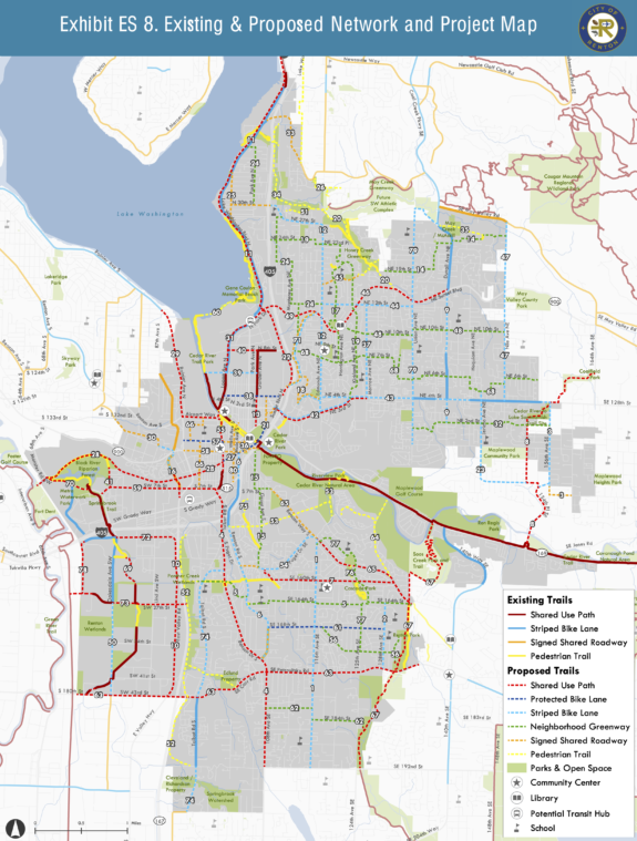 Bike plan map of Renton showing a complete Lake Washington Loop among other improvements.