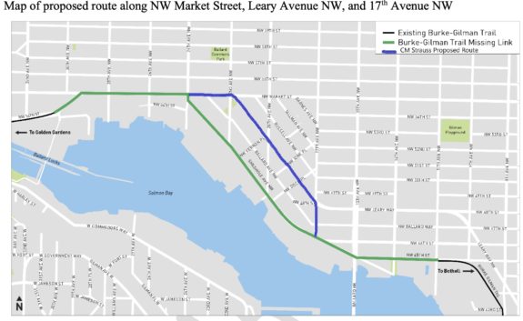 Map of Councilmember Strauss's proposed route on 17th, Leary and Market.