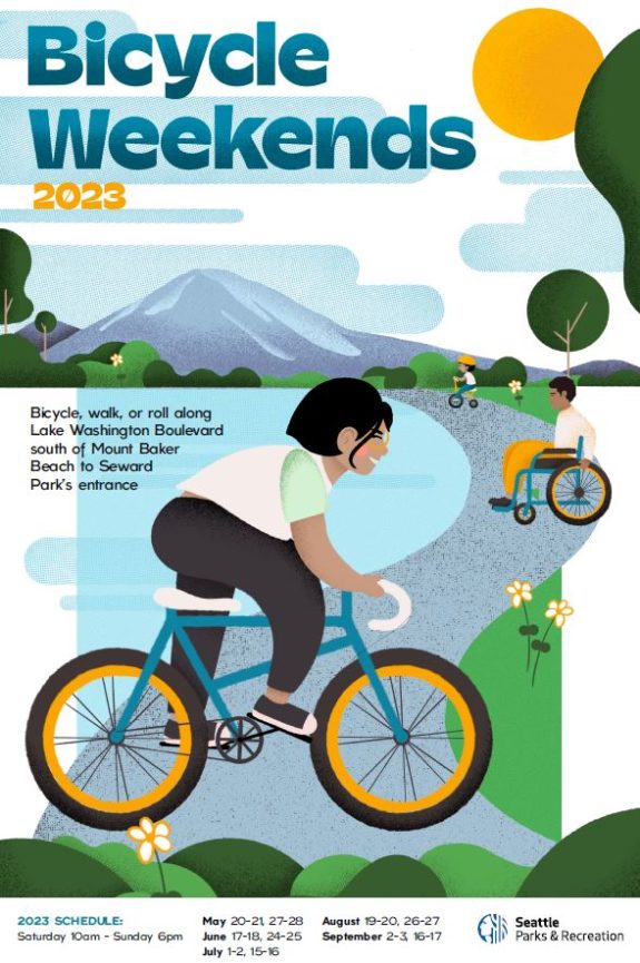 Bicycle Weekends 2023 poster with illustration of a person biking and a person in a wheelchair on a street near a lake with a mountain in the background.