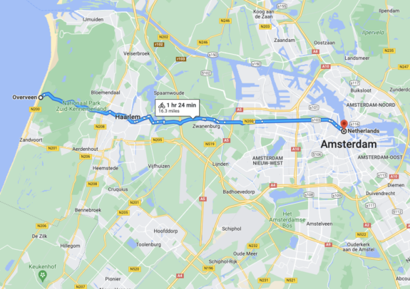 Map of a 16-mile ride from Amsterdam Centraal to the beach via Haarlem.
